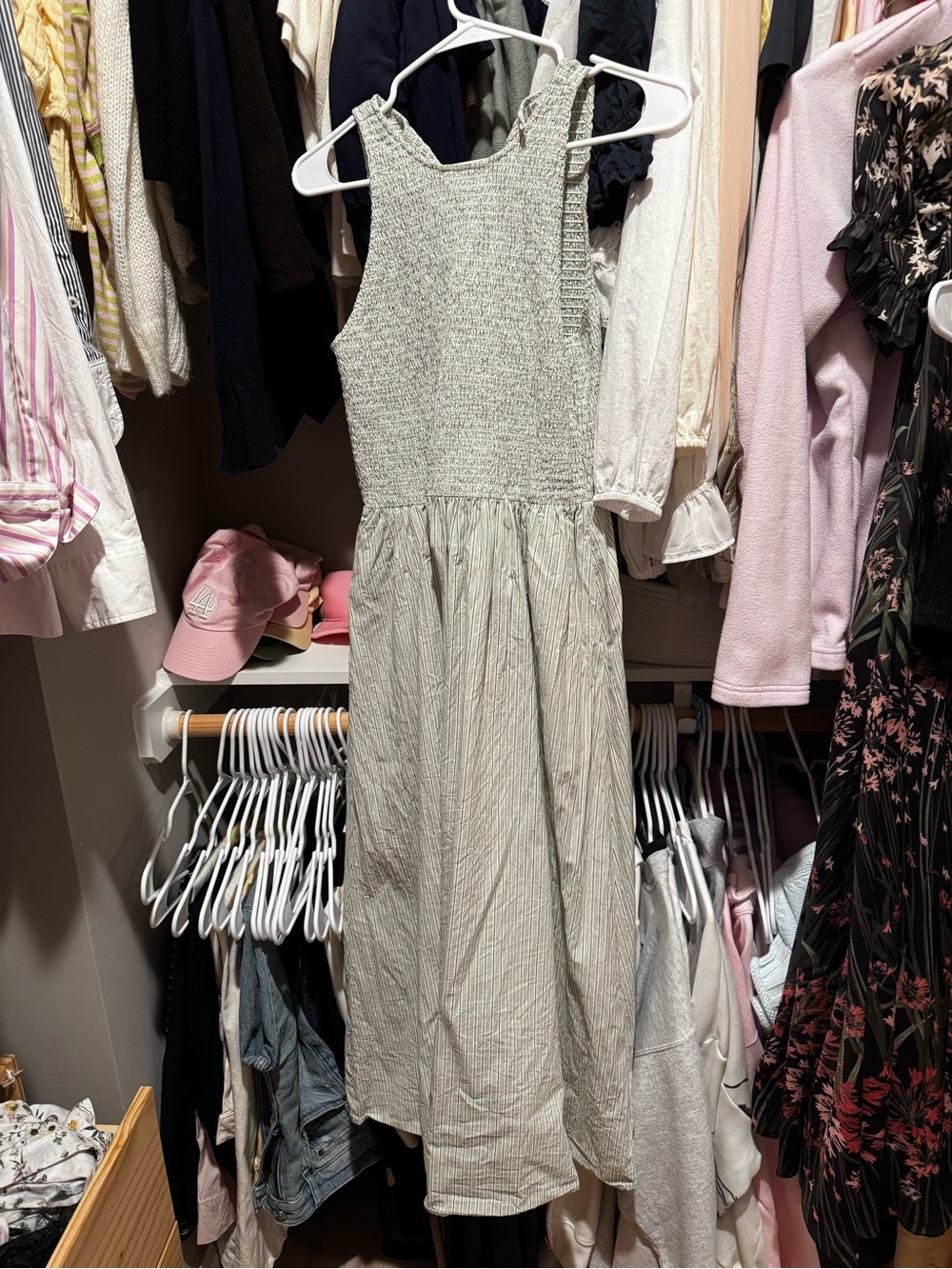 Madewell Light Green Striped Smocked Midi Dress